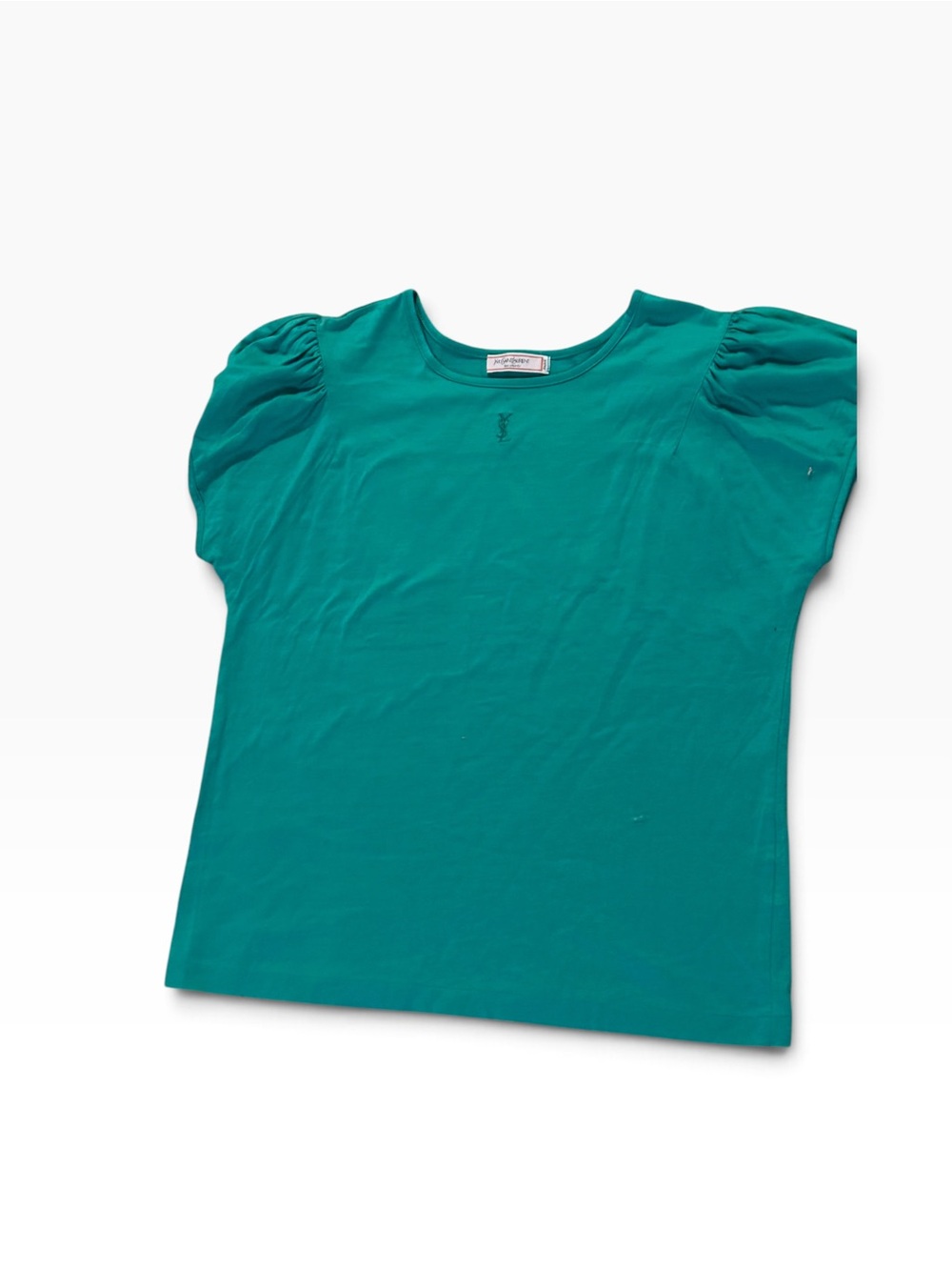 Vintage Yves Saint Laurent YSL Tee Shirt Paris M Teal Green Puff Sleeve Logo